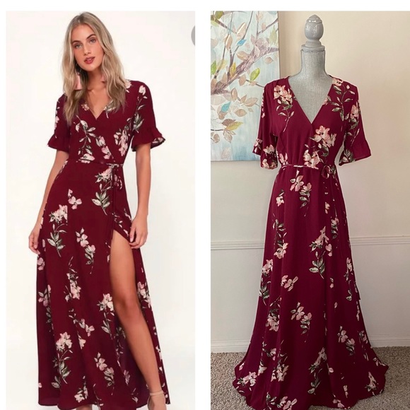 Lulus Dresses & Skirts - LULUS BURGUNDY FLORAL WRAP MAXI DRESS SIZE SMALL 🌟EUC🌟